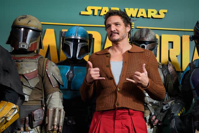 Pedro Pascal attends the photocall for Disney's "The Mandalorian" Season 3 at Picadilly Circus on February 22, 2023 in London, England. (Photo by Joe Maher/Getty Images)