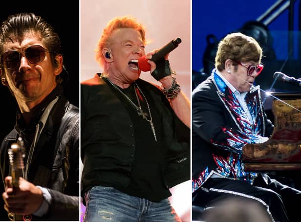 Glastonbury 2023 headliners Arctic Monkeys, Guns N’ Roses and Elton John. Picture: Getty Images/ NationalWorld Graphics team