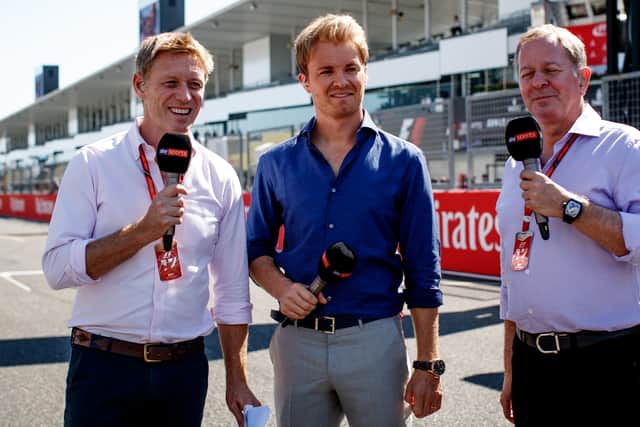 Nico Rosberg, Martin Brundle and Simon Lazenby on Sky Sports F1.  (Photo by Lars Baron/Getty Images)
