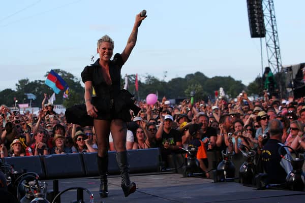 Pink performs on the main stage during day three of the Isle of Wight Festival 2010 at Seaclose Park on June 13, 2010 in Newport, Isle of Wight (Photo by Simone Joyner/Getty Images)