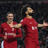 Mo Salah celebrates scoring against United