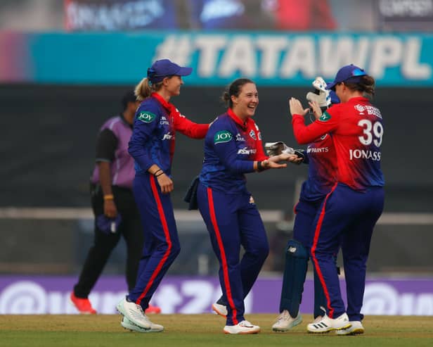 Delhi Capitals Alice Capsey celebrate a wicket in WPL 2023