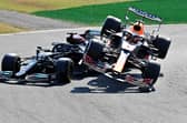 Max Verstappen (R) and Lewis Hamilton crash in Monza, Italy, September 2021