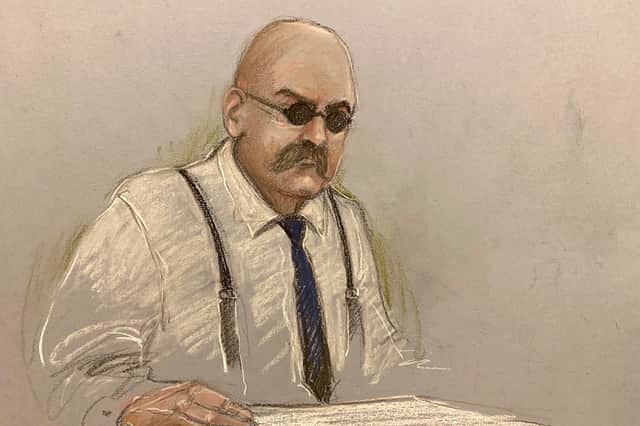 Court artist sketch by Elizabeth Cook of notorious inmate Charles Bronson, appearing via video link from HMP Woodhill, during his public parole hearing at the Royal Courts Of Justice, London (Image: PA)