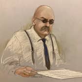 Court artist sketch by Elizabeth Cook of notorious inmate Charles Bronson, appearing via video link from HMP Woodhill, during his public parole hearing at the Royal Courts Of Justice, London (Image: PA)