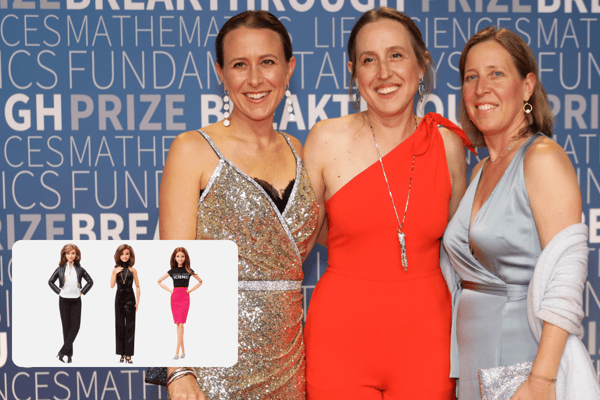 (L-R) Anne Wojcicki, Janet Wojcicki, and Susan Wojcicki are all set to be honoured with Barbie dolls of their likeness (inset) (Credit: Getty Images/Mattel)