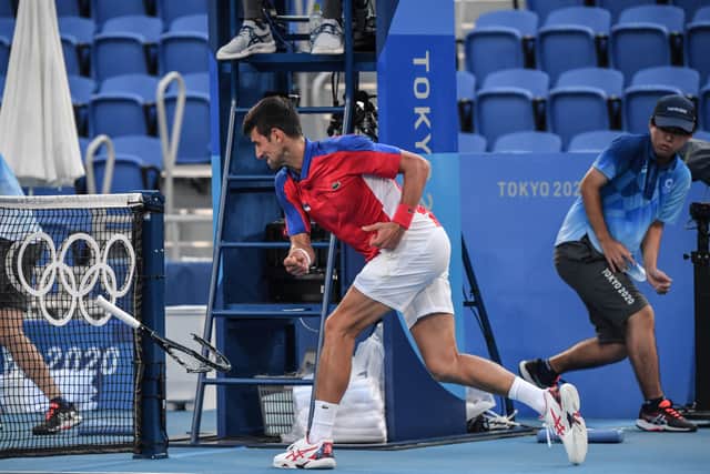 Novak Djokovic smashes his racket during his Tokyo 2020 Olympic Games men’s singles tennis match for the bronze medal (Image: Getty Images)