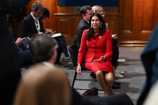 Suella Braverman at a press conference in Downing Street, after the Prime Minister unveiled the government’s plans to tackle the small boats crisis. She has said the new bill “pushes the boundaries of international law.” Credit: PA