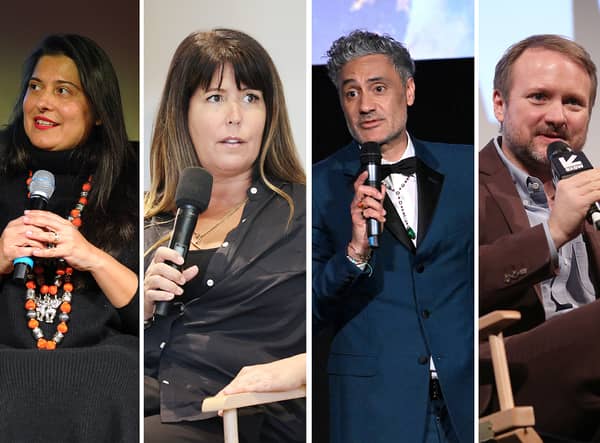 Sharmeen Obaid-Chinoy, Patty Jenkins, Taika Waititi, and Rian Johnson speaking on different panels (Credit: Getty Images)