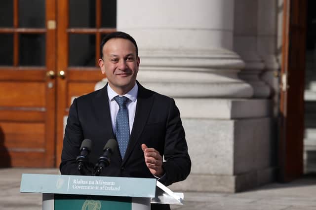 Handout photo issued by Department of the Taoiseach of Taoiseach Leo Varadkar at a press conference in Government Buildings, Dublin, announcing the holding of a referendum on gender equality. Issue date: Wednesday March 8, 2023. Credit: PA