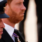 Britain's Prince William, Prince of Wales (L) and Britain's Prince Harry, Duke of Sussex follow the coffin of Queen Elizabeth II, as it travels from Westminster Abbey to Wellington Arch in London on September 19, 2022, after the State Funeral Service of Britain's Queen Elizabeth II. (Photo by Odd ANDERSEN / POOL / AFP) (Photo by ODD ANDERSEN/POOL/AFP via Getty Images)
