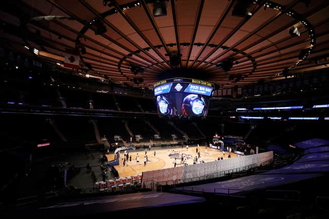 A general view of the arena as players from the Marquette Golden Eagles and the Georgetown Hoyas warmup before their first round game of the Big East Men’s Basketball Tournament at Madison Square Garden on March 10, 2021 in New York City. (Photo by Sarah Stier/Getty Images)