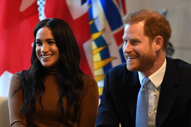 Prince Harry, Duke of Sussex and Meghan, Duchess of Sussex smile during their visit to Canada House in thanks for the warm Canadian hospitality and support they received during their recent stay in Canada, on January 7, 2020 in London, England. (Photo by DANIEL LEAL-OLIVAS  - WPA Pool/Getty Images)