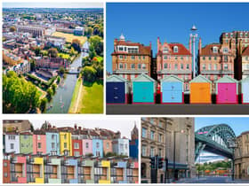Cambridge, Brighton, Newcastle and Bristol (clockwise from top left) ranked highly in the list of happiest places to work (Images: Adobe)