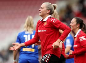 Alessia Russo celebrates her third goal for United in 5-1 win over Leicester