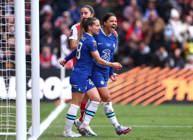 Sam Kerr celebrates scoring for Chelsea in Continental Cup on Sunday. The Blues lost 1-3