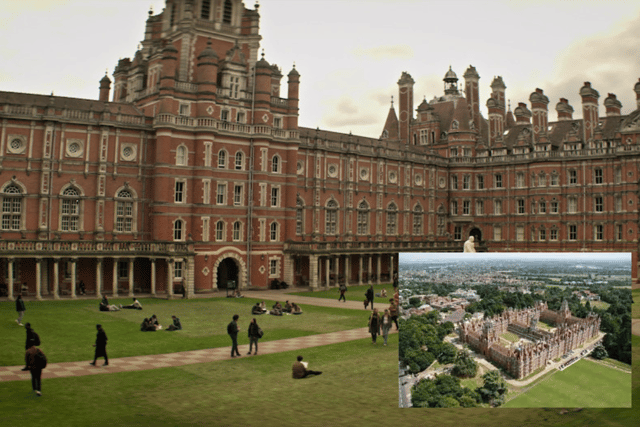 Darcy College (main) was actually shot at Royal Holloway - the Surrey based campus of the University of London (inset) (Credit: TUDUM/University of London)