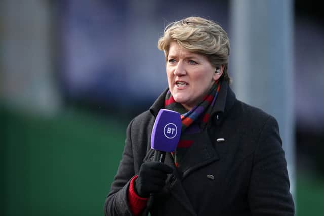 Clare Balding speaks at half time during the Barclays FA Women’s Super League match between Everton Women and Manchester United Women at Walton Hall Park on January 31, 2021 in Liverpool, England (Photo by Lewis Storey/Getty Images)
