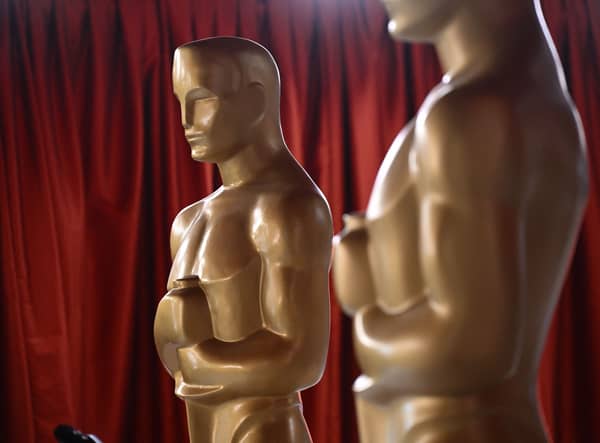 Oscar statues is seen on the champagne carpet in the celebrity arrivals area as preparations are underway for the 95th Oscars in Hollywood, California. Picture: ROBYN BECK/AFP via Getty Images