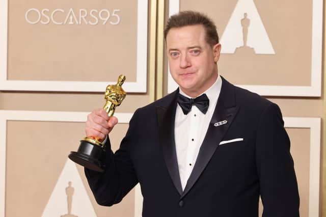 Brendan Fraser, winner of the Best Actor in a Leading Role award for The Whale poses in the press room during the 95th Annual Academy Awards at Ovation Hollywood on March 12, 2023 in Hollywood, California. (Photo by Rodin Eckenroth/Getty Images)