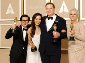 Brendan Fraser (second from R), winner of the Best Actor in a Leading Role award, and (L-R) Ke Huy Quan, winner of the Best Actor In A Supporting Role award, Michelle Yeoh, winner of the Best Actress in a Leading Role award and Jamie Lee Curtis, winner of the Best Supporting Actress award (Photo: Mike Coppola/Getty Images)