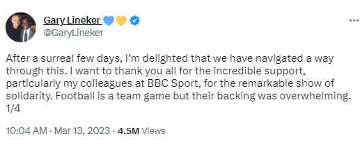 Gary Lineker tweeted his response to his return to Match of the Day (Pic:Twitter/Gary Lineker)