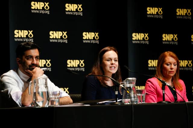 SNP leadership candidates (left-right) Humza Yousaf, Kate Forbes and Ash Regan during the SNP leadership debate at the Tivoli Theatre Company in Aberdeen. Picture date: Sunday March 12, 2023. Credit: PA
