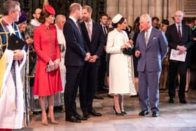 Prince Harry and Meghan in 2019 with royal family, including King Charles III. 