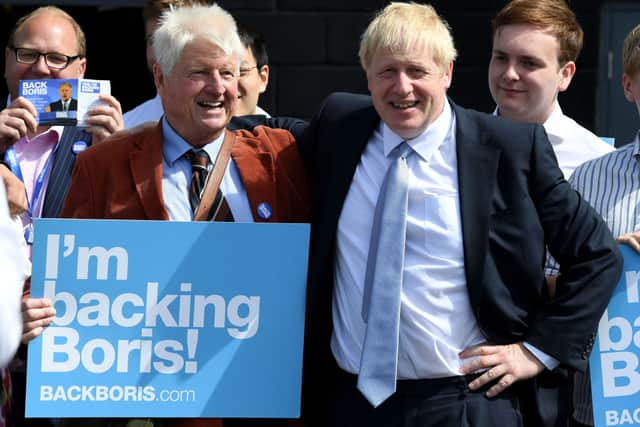 Conservative leadership candidate Boris Johnson arrives to be met by his father Stanley Johnson at Sandy Park Conference Centre on June 28, 2019 in Exeter, England. Credit: Getty Images