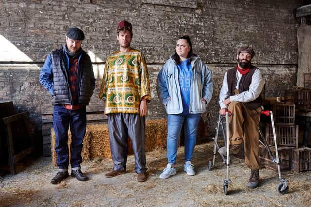 Oliver Maltman as Jack Doyle, James Norton as himself, Sharon Rooney as Ruth, and Tim Renkow as Tim in Jerk S3 (Credit: BBC/Roughcut TV/Adam Lawrence)