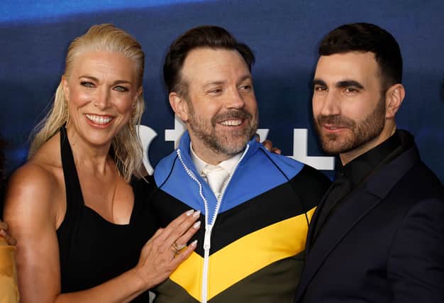 (L-R) Hannah Waddingham, Jason Sudeikis and Brett Goldstein attend Apple Original Series "Ted Lasso" Season 3 Red Carpet Premiere Event at Westwood Village Theater on March 07, 2023 in Los Angeles, California. (Photo by Frazer Harrison/Getty Images)
