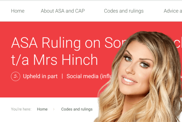 Influencer Sophie Hinchcliffe aka Mrs. Hinch has found the ASA rule against two Instagram posts made in January 2022 (Credit: ASA/MN2S)