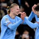 Erling Haaland celebrates scoring Man City’s fifth goal against RB Leipzig