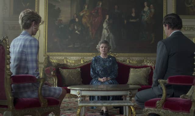 Queen Elizabeth II sits down with the now King Charles III and the late Diana, Princess of Wales in season five of The Crown (Credit: Netflix)