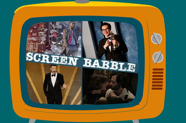 The orange Screen Babble television, featuring images from Luther, the Oscars, and You (Credit: BBC One/Getty Images/Netflix/NationalWorld Graphics)