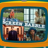The orange Screen Babble television, featuring images from Challenge Anneka, Extrapolations, Swarm, and Rise and Fall (Credit: Channel 5/Apple TV+/Amazon Studios/Channel 4/NationalWorld Graphics)