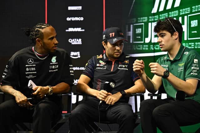 Hamilton, Perez and Stroll during a press conference in Jeddah