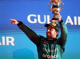 Fernando Alonso celebrates third place at Bahrain GP two weeks ago