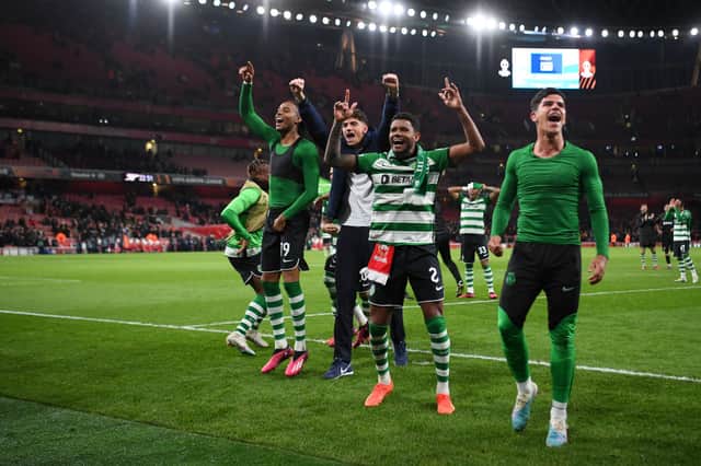 Players of Sporting CP celebrate their side’s penalty shoot out victory in the UEFA Europa League round of 16 leg two match between Arsenal FC and Sporting CP at Emirates Stadium on March 16, 2023 in London, England. (Photo by Shaun Botterill/Getty Images)