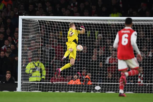 Arsenal goalkeeper Aaron Ramsdale is beaten by Pedro Goncalves for Sporting’s goal during the UEFA Europa League round of 16 leg two match between Arsenal FC and Sporting CP at Emirates Stadium on March 16, 2023 in London, England. (Photo by Stuart MacFarlane/Arsenal FC via Getty Images)