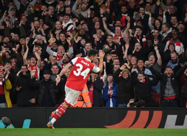 Arsenal fan celebrates Granit Xhaka’s goal during the UEFA Europa League round of 16 leg two match between Arsenal FC and Sporting CP at Emirates Stadium on March 16, 2023 in London, England. (Photo by Stuart MacFarlane/Arsenal FC via Getty Images)