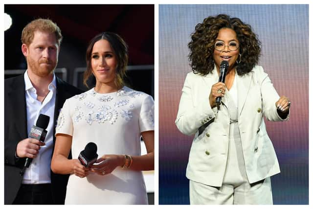Oprah  Winfrey has given her thoughts on the coronation and Prince Harry and Meghan Markle. Photographs by Getty