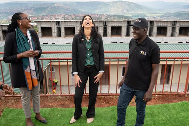 Home Secretary Suella Braverman tours a building site on the outskirts of Kigali during her visit to Rwanda (Photo: PA/Stefan Rousseau)