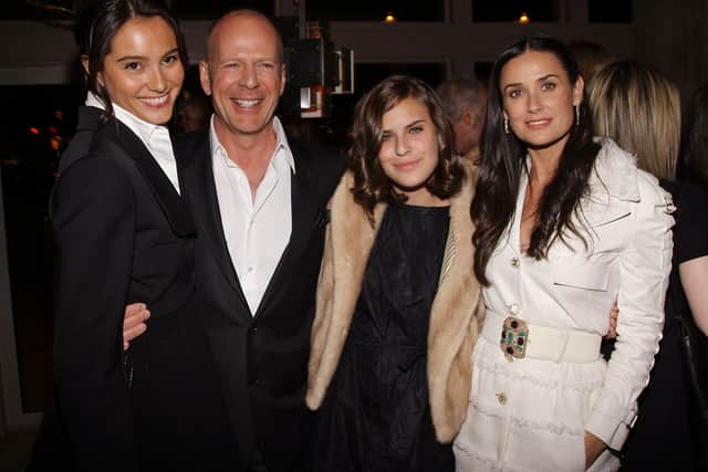 NEW YORK - MARCH 24:  (L-R) Actress Emma Hemming, actor Bruce Willis, his daughter Tallulah Belle Willis, and her mother actress Demi Moore attend the after party for the screening of "Flawless" hosted by The Cinema Society at the SoHo Grand Hotel March 24, 2008 in New York City.  (Photo by Stephen Lovekin/Getty Images)