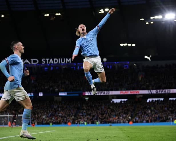 Erling Haaland celebrates scoring Manchester City’s first goal against Burnley