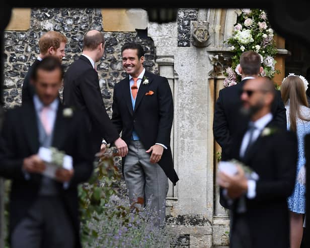 Spencer Matthews greets Prince William and Prince Harry at his brother's wedding. (Getty Images)