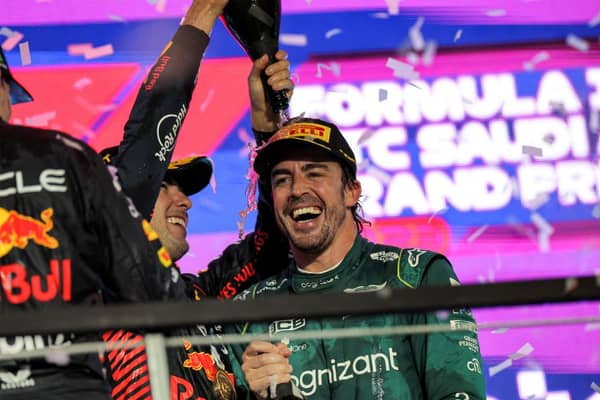 Fernando Alonso celebrates his second third place of 2023