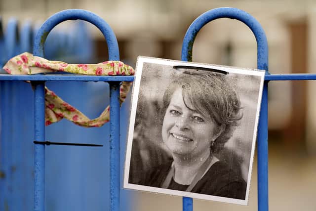 A photograph of Ruth Perry attached to the fence outside John Rankin Schools in Newbury, Berkshire, where headteacher Flora Cooper said she would refuse entry to Ofsted inspectors following the death of Ms Perry, who was head at nearby Caversham Primary School in Reading.  It was announced this morning that Ofsted would inspect Ms Cooper’s school. Credit: PA