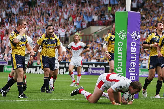 Bryn Hargreaves scores a try for St Helens in 2008