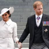 Prince Harry and Meghan Markle, Duke and Duchess of Sussex leave after a service of thanksgiving for the reign of Queen Elizabeth II at St Paul's Cathedral in London,